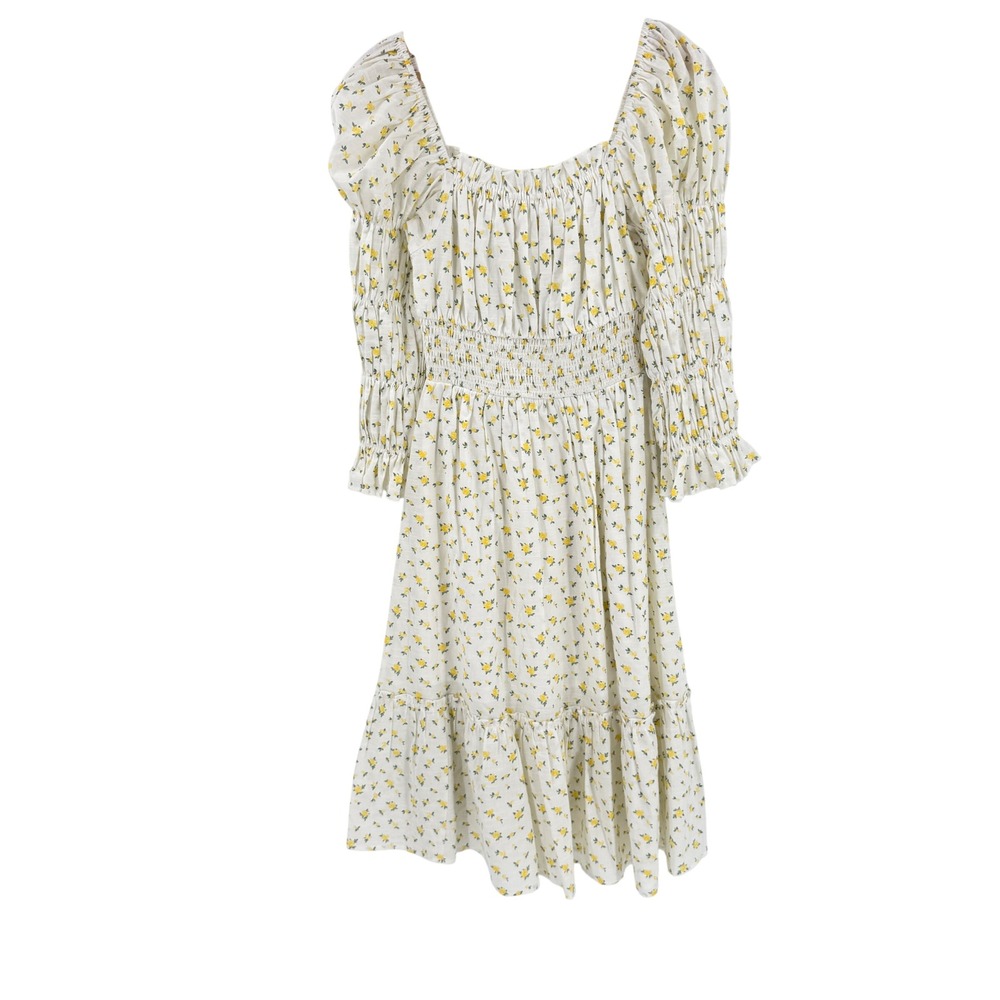 Anthropolgoie RAHI Midi Dress White Yellow Floral XS Cottagecore Smocked Boho